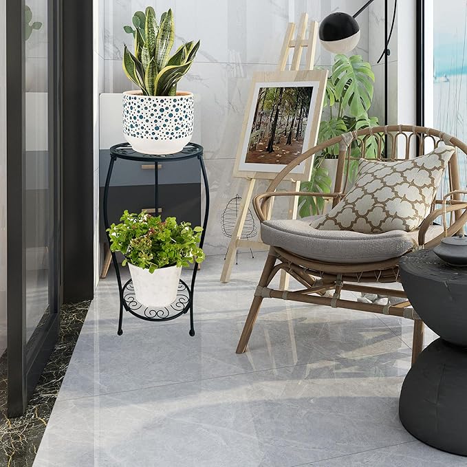 2 Pack 25.2 inch Metal Plant Stand Rack for Round Flower Pot, 2 Tier Potted Holder Indoor Outdoor Rustproof Wrought Iron Heavy Duty Planter Shelf for Corner Living Room Balcony Garden Patio, Black