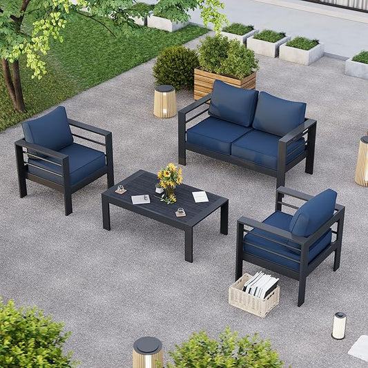 Aluminum Patio Furniture,Outdoor Metal Sectional Sofa with Table and Waterproof Covers,Grey and Blue Modern Patio Furniture Set for Garden Backyard (5-Piece)