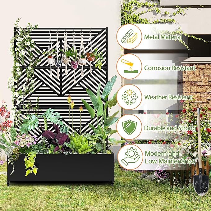 Raised Garden Bed with Trellis and Wheels,73"x47"x16" Metal Raised Garden Bed,Black Diamond Metal Planter with Climbing Trellis for Vines & Vegetables