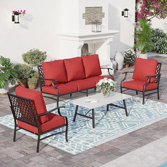 4 Piece Metal Outdoor Patio Furniture Sets, Patio Conversation Sets 1 3-Seater Sofa, 2 Fixed Chair with 5.75" Extra Thick Cushion and Coffee Table, Black Frame Backyard Furniture, Red