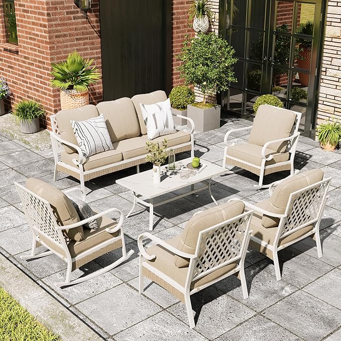 6 Piece Patio Furniture Set, 2 x Fixed Chair, 2 x Rocking Chair, 1 x 3-Seat Sofa with Marbling Coffee Table, All Cushioned 7 Seats Outdoor Conversation Set, Beige