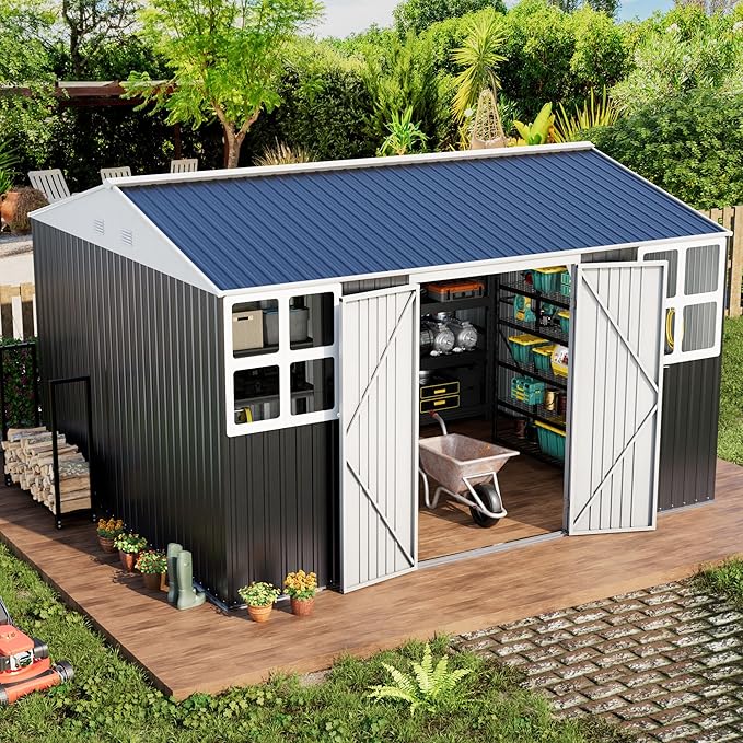 Metal shed 12x10 FT Outdoor Storage, Heavy-Duty Garden Sheds with Customizable Skylight & Reinforced Steel Frame, Weatherproof Galvanized Tool Tiny House for Backyard, Patio, and Lawn