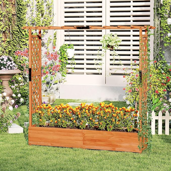 S AFSTAR 2 Pieces Raised Garden Beds with Arch Trellis, Hanging Roof & Drainage Holes, 77-Inch Vertical Plant Container for Vine Climbing Plant Flower, Outdoor Wood Elevated Planter Box for Garden