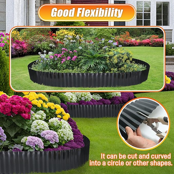Corrugated Metal Garden Edging, 6"20Ft Landscape Border for Lawn, Flower Bed and Garden, Sturdy Galvanized Steel Yard, Flexible for DIY Landscaping and Yard, Black