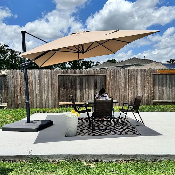 PURPLE LEAF 10' X 13' Rectangle Cantilever Umbrella with Base Outdoor Large Aluminum Patio Umbrella with 3-Year Fade Resistance Recycled Fabric and 360-degree Rotation for Deck Pool Garden, Sand Dune