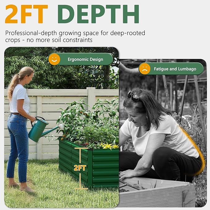 FOOWIN 4pcs 8x4x2ft Galvanized Raised Garden Bed, Planter Raised Garden Boxes Outdoor, Large Metal Raised Beds for Gardening, Garden Bed for Vegetables, Flowers, Herb,478 Gallon Capacity, Green