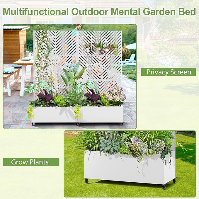 Raised Garden Bed with Trellis and Wheels,73"x35"x16" Metal Raised Garden Bed,White Parallel Metal Planter with Climbing Trellis for Vines & Vegetables