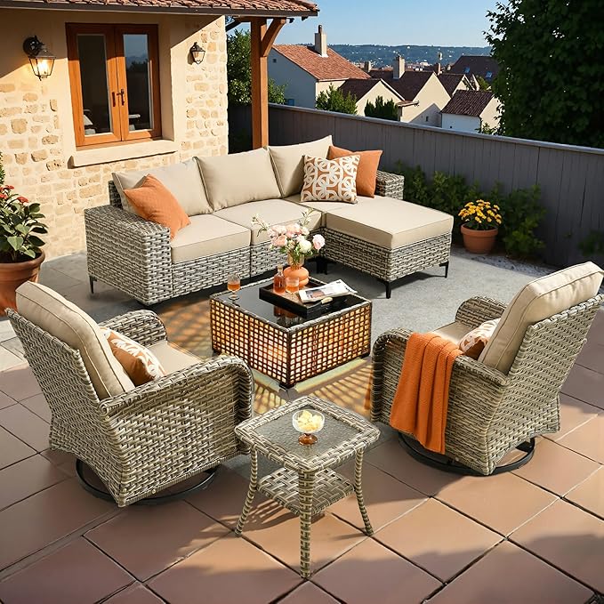 HOOOWOOO Outdoor Sectional Furniture Set,8 Pieces Wicker Patio Conversation Sets,L Shape All Weather Outside Couch Sofa Set with Swivel Chairs Solar Light Table Ottoman,Beige