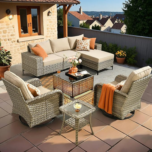 HOOOWOOO Outdoor Sectional Furniture Set,8 Pieces Wicker Patio Conversation Sets,L Shape All Weather Outside Couch Sofa Set with Swivel Chairs Solar Light Table Ottoman,Beige