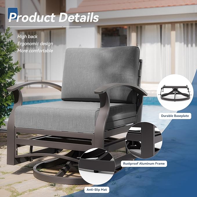 Kurapika 5 Piece Modern Metal Outdoor Conversation Sets, Patio Furniture Set, 4 Aluminum Swivel Chairs w/48in Round Propane Fire Pit Table and Thickened Cushions, Grey