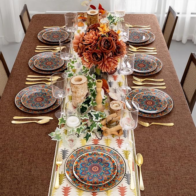 60PCS Bohemian Plastic Plates - Boho Plate Disposable - Vintage Bohemian Style Plate Include 30 Dinner and 30 Dessert Plates for Kitchen Party Decorative