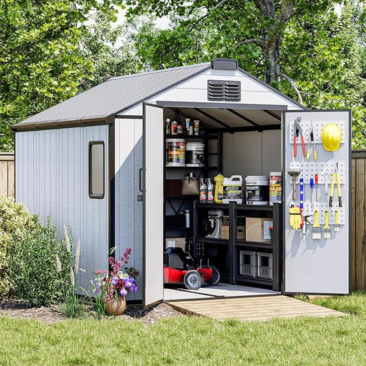 8 x 8 FT Resin Storage Shed, All-Weather Outdoor Tool Shed with Windows, Lockable Doors & Floor, Plastic Garden Shed for Poolside, Backyard, Patio