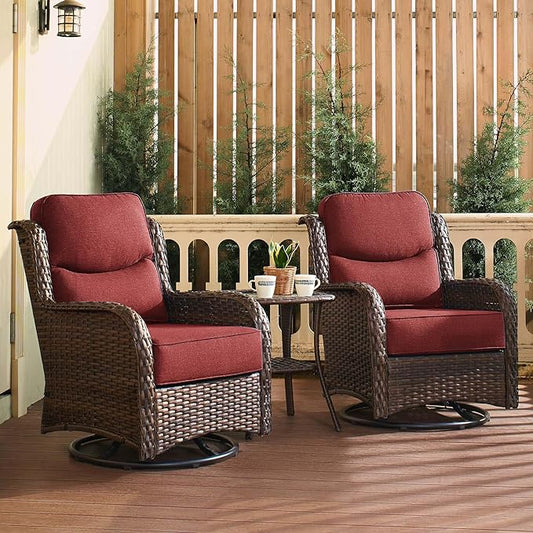 HILLGA Luxury Patio Furniture Set with 6-inch Thick Cushion, Outdoor High Back Swivel Rocker Patio Chairs, 3PCS Wicker Conversation Set for Deck Yard and Poolside, Burgundy (V2)