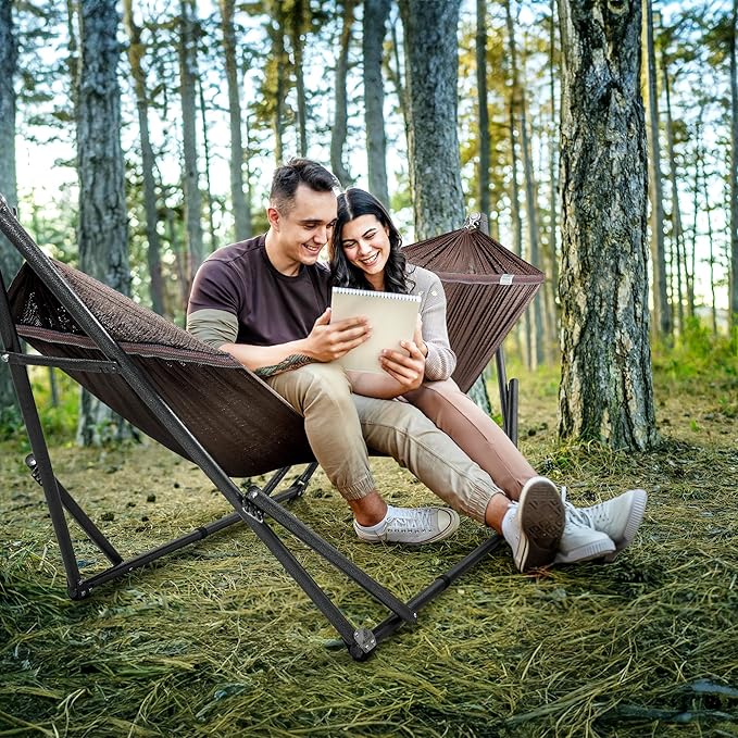 Tranquillo Universal Double Hammock with Stand Included for 2 Persons/Foldable Hammock Stand 600 lbs Capacity Portable Case - Inhouse, Outdoor, Camping, Brown