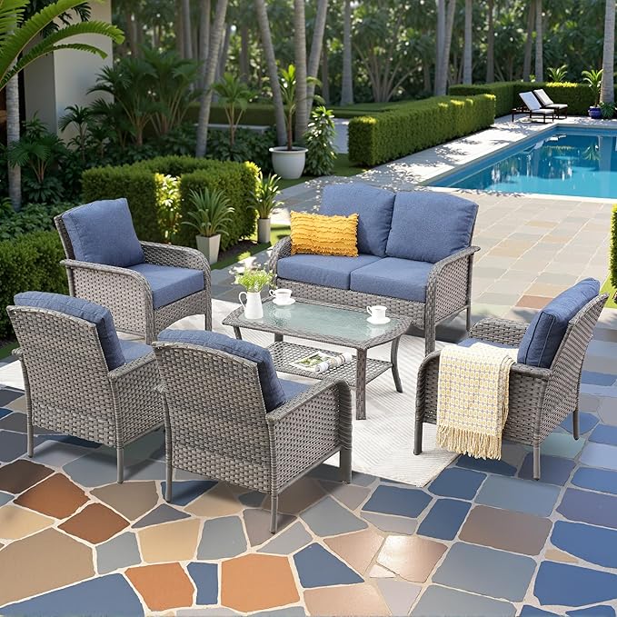 6-Piece Wicker Patio Furniture Set, All-Weather Rattan Conversation Bistro Loveseat Chair and Table Set for Backyard, Balcony and Deck with Soft Cushions and Metal Table(Blue)