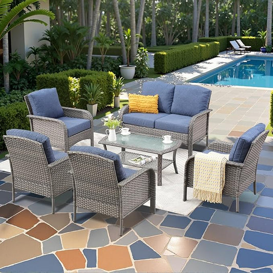 6-Piece Wicker Patio Furniture Set, All-Weather Rattan Conversation Bistro Loveseat Chair and Table Set for Backyard, Balcony and Deck with Soft Cushions and Metal Table(Blue)