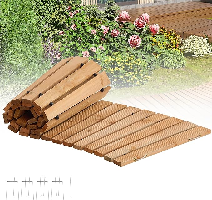 FILWH Wooden Garden Pathway Outdoor Roll-Out Walkway Weather-Resistant Fir Wood Curved or Straight Boardwalk Decorative Garden for Backyard,Beach,Wedding Party Pathways (Natural, 6FT Curved)