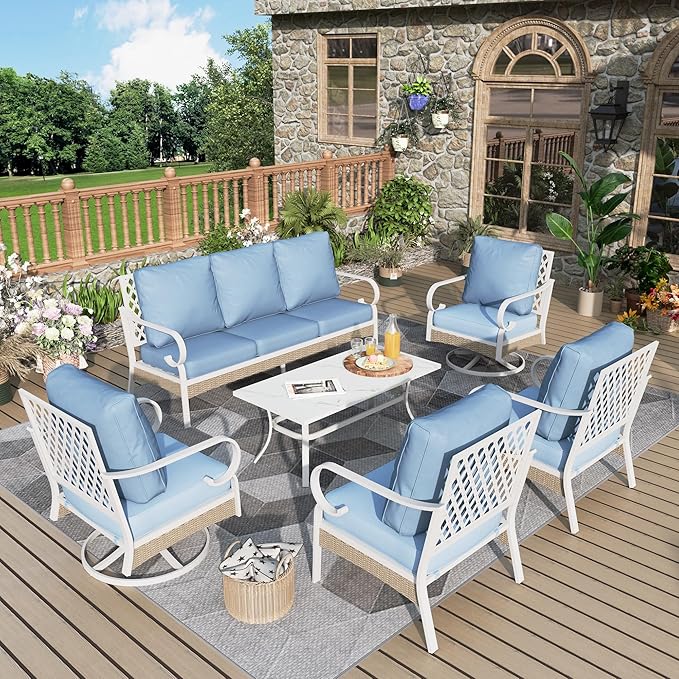 6 Piece Patio Furniture Set, 2 x Fixed Chair, 2 x Swivel Chair, 1 x 3-Seat Sofa with Marbling Coffee Table, All Cushioned 7 Seats Outdoor Conversation Set for Lawn Garden Backyard, Blue