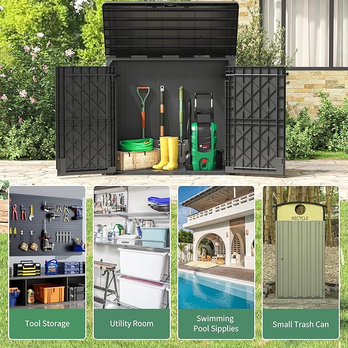 Horizontal Resin Storage Shed 36 Cu Ft with Lockable Doors, Portable Outdoor Storage Cabinet -Easy to Assemble,Sheds & Outdoor Storage, Waterproof Outdoor Storage Box for Backyards,Black