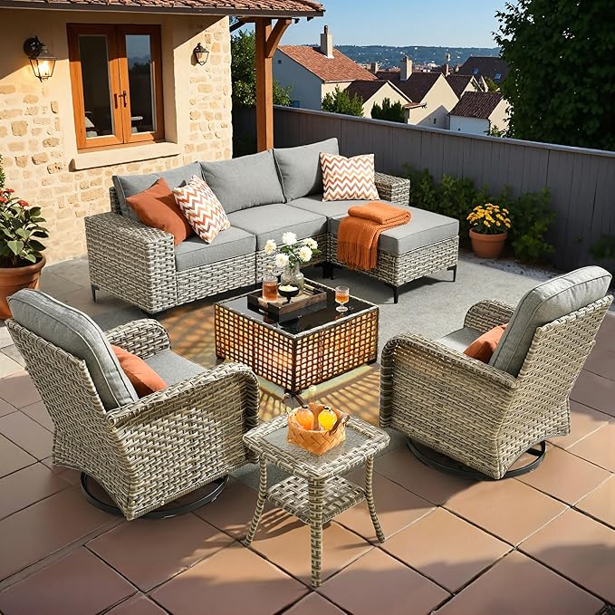HOOOWOOO Outdoor Sectional Furniture Set,8 Pieces Wicker Patio Conversation Sets,L Shape All Weather Outside Couch Sofa Set with Swivel Chairs Solar Light Table Ottoman,Charcoal Gray