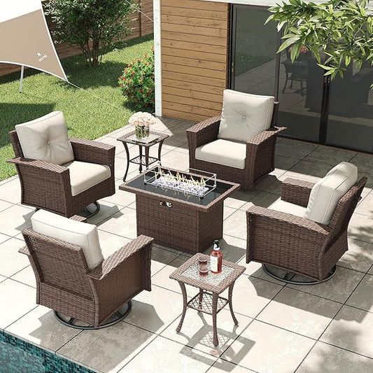 LayinSun 7 Piece Wicker Patio Furniture Set with Fire Pit Table, Classis Outdoor Conversation 360 Degree Swivel Chairs Set with Coffee Table