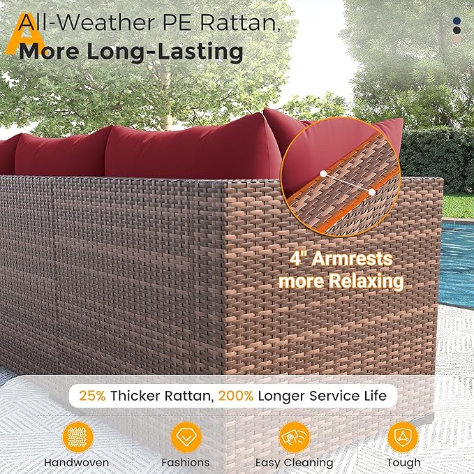 UDPATIO Outdoor Patio Furniture Set with Fire Pit Table, 8 Piece Outdoor Sectional Sofas, All-Weather Wicker Patio Conversation Set for Garden, Backyard Wine