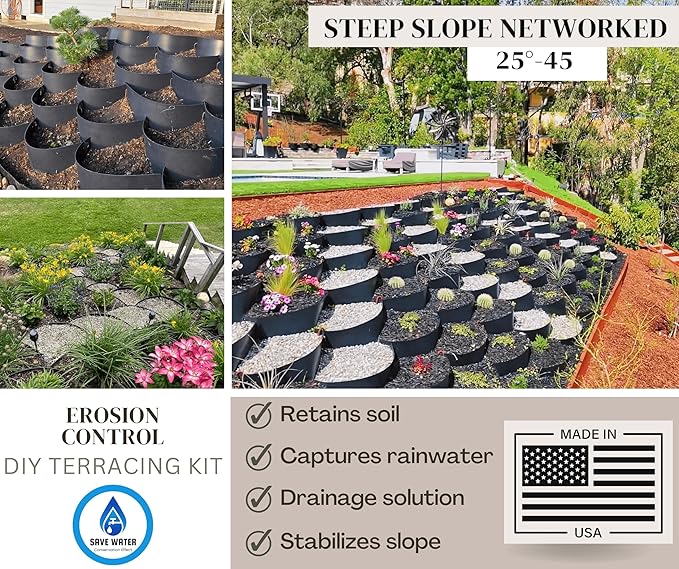 Dirt Locker Erosion Control Hillside Planters, 10-Pack-Black—DIY-Raised Garden Bed Terracing Kit for Steep Slopes, 25°-35°-Geogrid Water Retention Planting Stabilizer-Retaining Wall Compatible