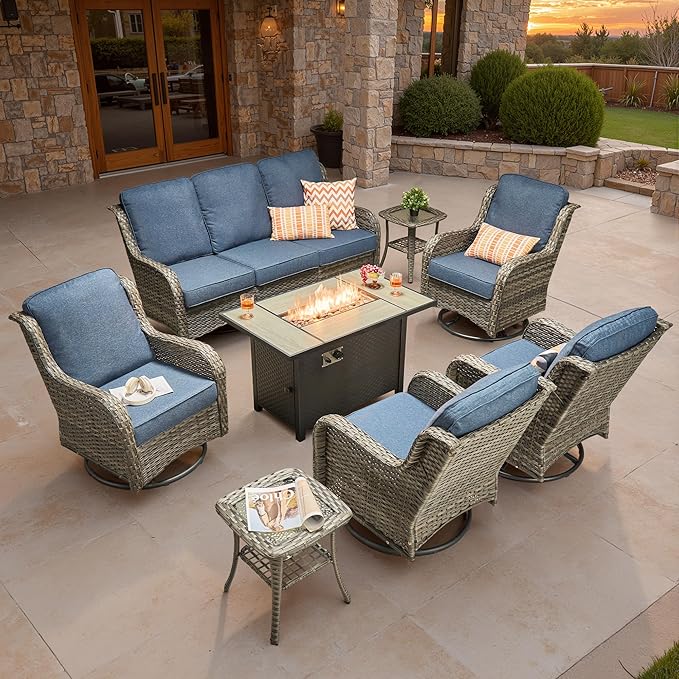 ovios 8 Pieces Patio Furniture Set, Outdoor Wicker Sofa Couch with Swivel Chairs 42" Fire Pit Table, All Weather High Back Modern Conversation Sets, Grey Rattan, Denim Blue