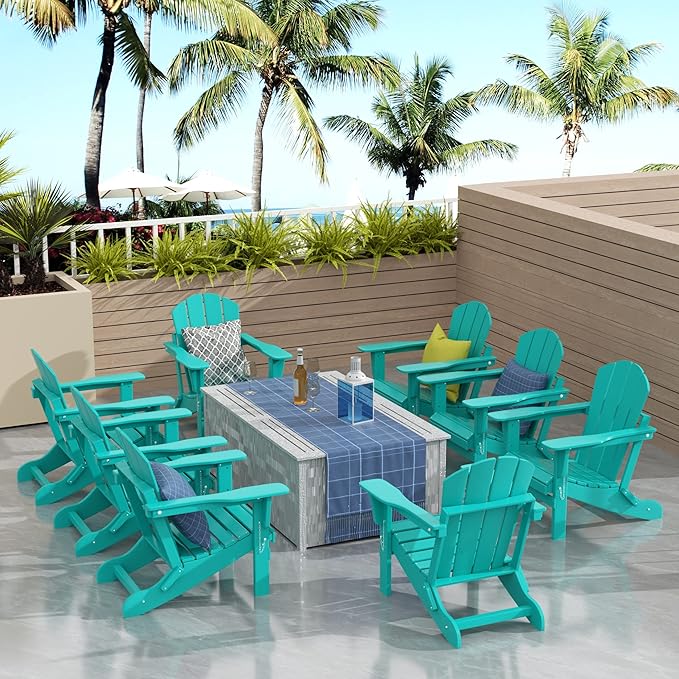 Westin Outdoors Laguna WO Outdoor Adirondack Folding Patio Chairs 8 PCS Set Retro Beach Aesthetic for Backyard, Lawn, Patio, Deck, Garden, Weather Resistant Polyethylene Plastic Lounger (Turquoise)
