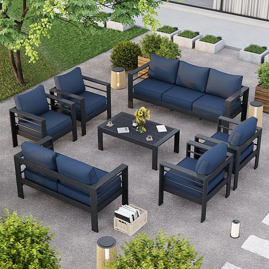 Aluminum Patio Furniture Set, 7 Piece Metal Outdoor Furniture Set, Patio Set with Waterproof Covers for Backyard Garden（Blue&Grey）