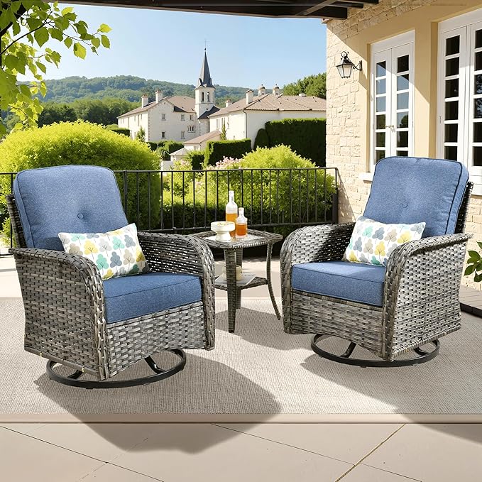 ovios 3 Pieces Patio Furniture Set, Outdoor Rocking Chairs of 2, Wicker Swivel Glider Chairs with Side Table Thick Cushions, All Weather Rattan Bistro Set for Porch, Denim Blue