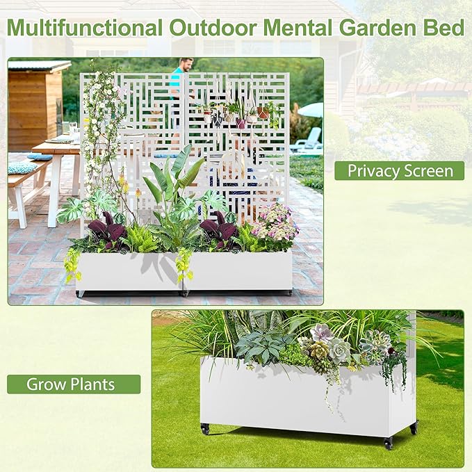 Raised Garden Bed with Trellis and Wheels,73"x35"x16" Metal Raised Garden Bed,White Modern Metal Planter with Climbing Trellis for Vines & Vegetables