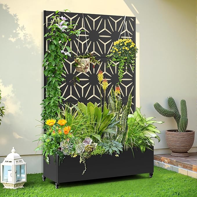 Raised Garden Bed with Trellis and Wheels,73"x47"x16" Metal Raised Garden Bed,Black Star Metal Planter with Climbing Trellis for Vines & Vegetables