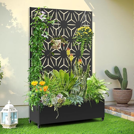 Raised Garden Bed with Trellis and Wheels,73"x47"x16" Metal Raised Garden Bed,Black Star Metal Planter with Climbing Trellis for Vines & Vegetables
