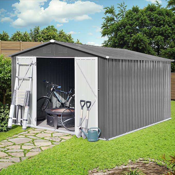 Sheds & Outdoor Storage 12 ft × 10 ft Storage Shed Large Classic Apex Roof Metal Garden Storage Sheds with Hinged Door Tool Cabinet for Backyard, Patio, Poolside, Gray