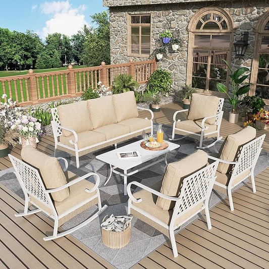6 Piece Patio Furniture Set, 2 x Fixed Chair, 2 x Rocking Chair, 1 x 3-Seat Sofa with Marbling Coffee Table, All Cushioned 7 Seats Outdoor Conversation Set, Beige