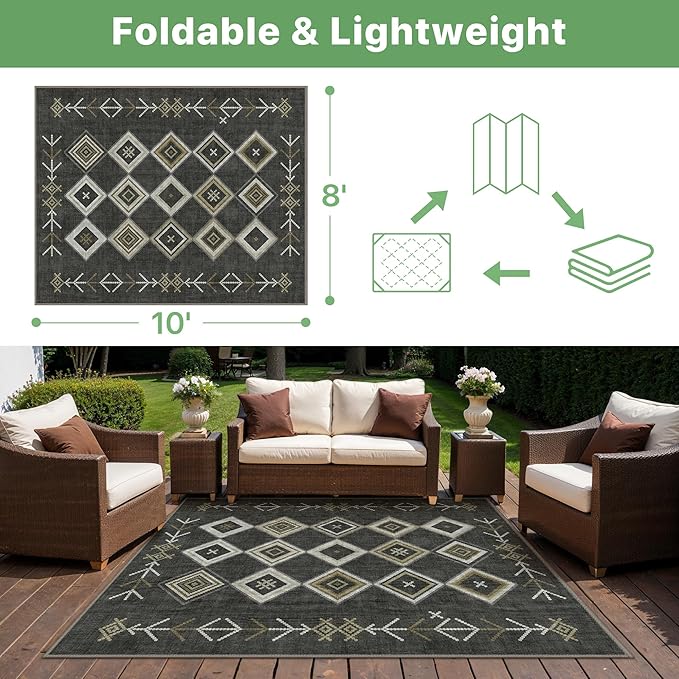 GENIMO Outdoor Rug for Patio Clearance, 8'x10' Reversible Plastic Straw Rugs, Lightweight Waterproof RV Camping Mat for Camper, Balcony, Deck, Backyard, Picnic, BlackBrown