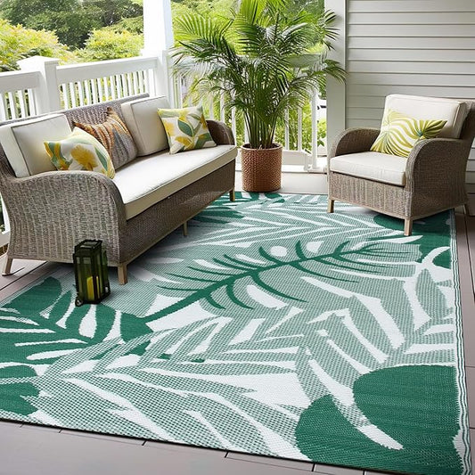 Rugshop Tropical Leaf Reversible Crease-Free Waterproof Premium Recycled Plastic Outdoor Rugs for Patio,Backyard,RV,Deck,Picnic,Trailer,Beach,Camping,Sunroom Green 7'10" x 10'