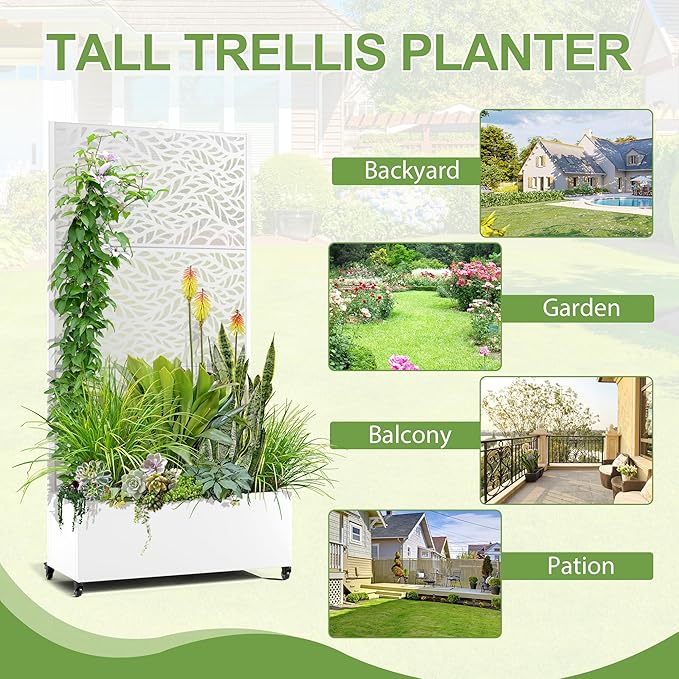 Raised Garden Bed with Trellis and Wheels,73"x35"x16" Metal Raised Garden Bed,White Flowing Leaf Metal Planter with Climbing Trellis for Vines & Vegetables