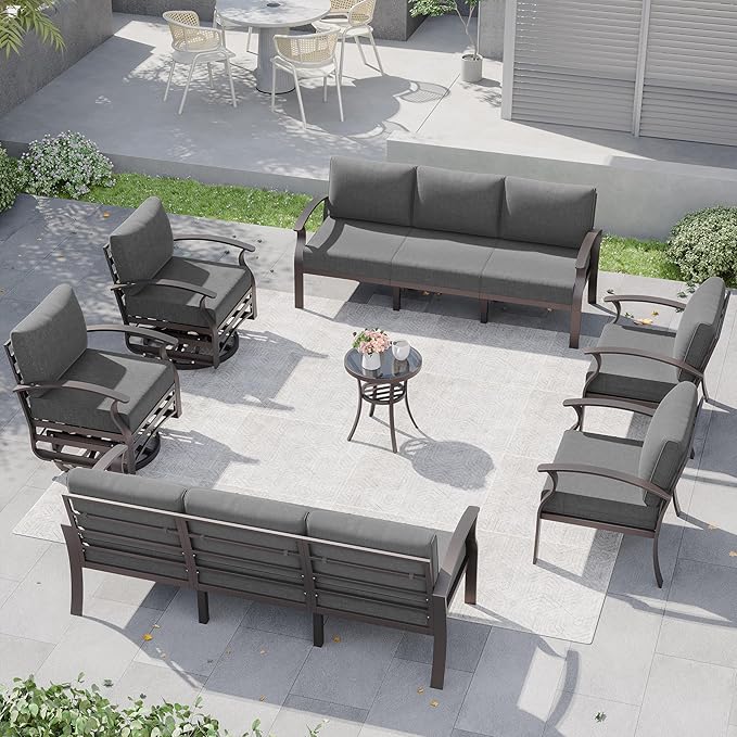 Kurapika Aluminum Patio Furniture Set 10-Seat Modern Metal Outdoor Conversation Sets w/Swivel Rocking Chairs Patio Sectional Sofa w/5.1 Inch Cushion, Black