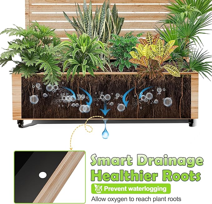 15.7"×70.9"×47.2" Metal Raised Garden Bed with Trellis and Wheels - Tall Trellis Planter Box for Climbing Plants, Vegetables & Vines - Outdoor Privacy Planters for Patio (Acacia Wood Grain-Louvered)