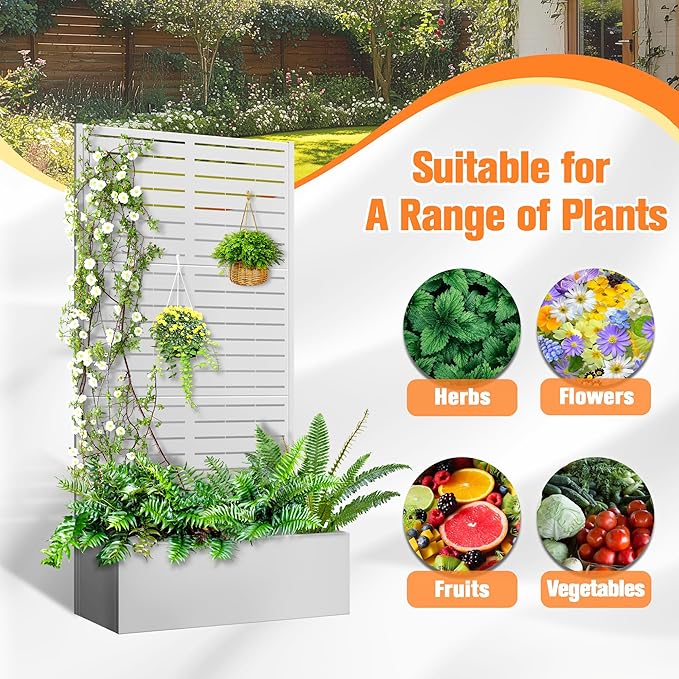 Metal Planter Box with Trellis, Raised Garder Bed with Drainage Hole, Privacy Screen & Trellis for Climbing Plants, Outdoor Plant Stands, 35''L×16''W×71''H, White