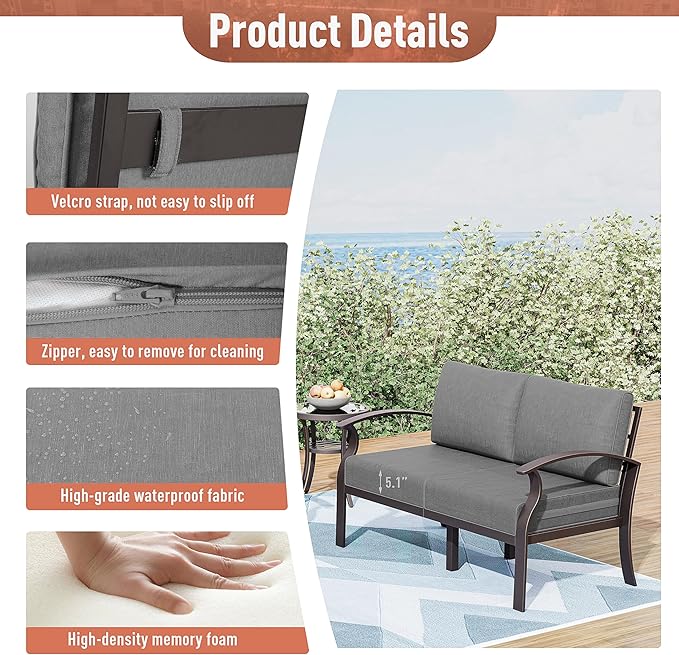 Kurapika Aluminum Patio Furniture Set 4-Seat Modern Metal Outdoor Conversation Sets w/45in Propane Fire Pit Table, Loveseat Sofa,Swivel Rocking Chairs w/5.1 Inch Cushion, Grey