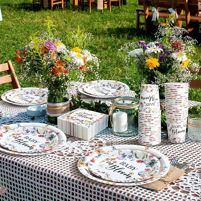 Hsei 250 Pcs Baby in Bloom Baby Shower Decorations Wildflower Plates and Napkins Set Spring Floral Party Tableware Set for 50 Guests Floral Disposable Plates Napkins Cups for Birthday Party Supplies