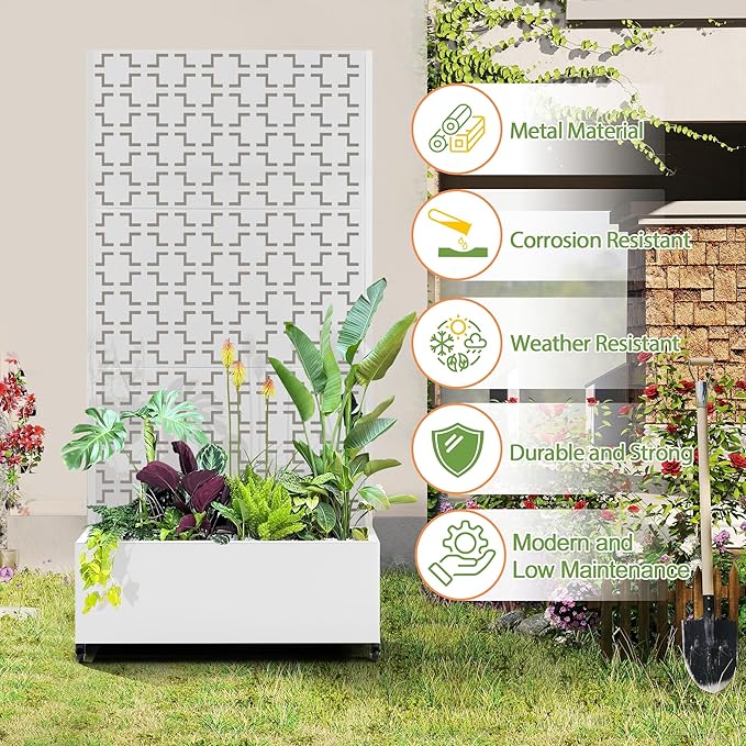 Raised Garden Bed with Trellis and Wheels,73"x35"x16" Metal Raised Garden Bed,White Squared Metal Planter with Climbing Trellis for Vines & Vegetables