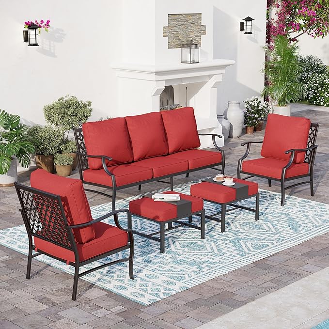 5 Piece Metal Outdoor Patio Furniture Set, Patio Conversation Sets 1 3-Seater Sofa, 2 Fixed Chair, 2 Ottomans with 5.75" Thick Cushion, Black All-Weather Frame Backyard Furniture, Red