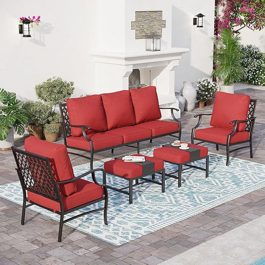 5 Piece Metal Outdoor Patio Furniture Set, Patio Conversation Sets 1 3-Seater Sofa, 2 Fixed Chair, 2 Ottomans with 5.75" Thick Cushion, Black All-Weather Frame Backyard Furniture, Red