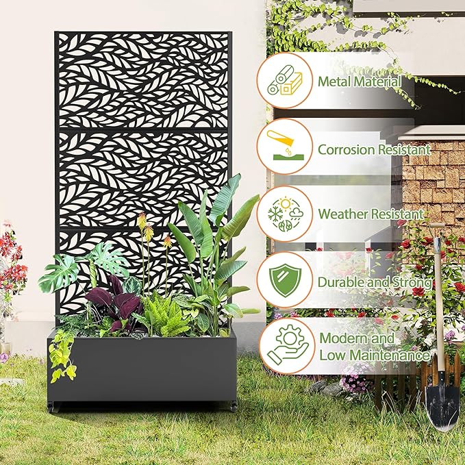 Raised Garden Bed with Trellis and Wheels,73"x35"x16" Metal Raised Garden Bed,Black Flowing Leaf Metal Planter with Climbing Trellis for Vines & Vegetables