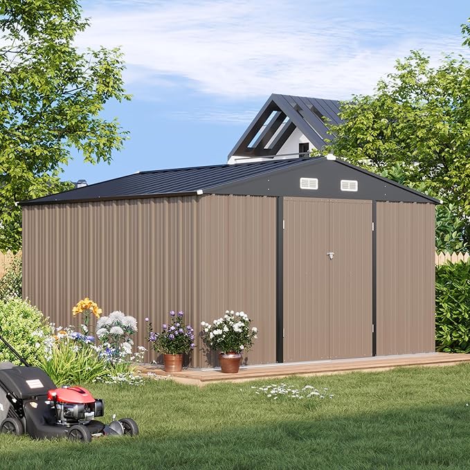 Patiowell 10 x 10 FT Outdoor Storage Shed with Floor Frame, Metal Yard Shed with Design of Lockable Doors, Utility and Tool Storage for Garden, Patio, Backyard, Outside use, Brown