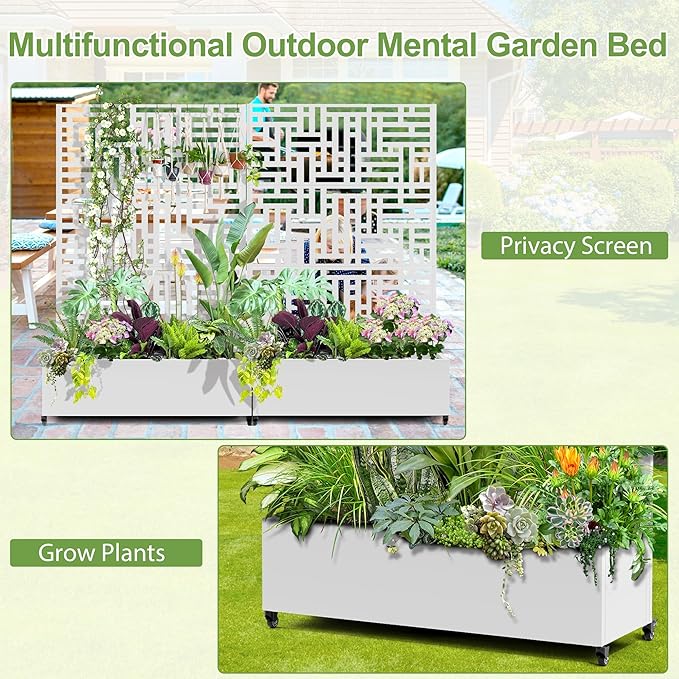 Raised Garden Bed with Trellis and Wheels,73"x47"x16" Metal Raised Garden Bed,White Modern Metal Planter with Climbing Trellis for Vines & Vegetables